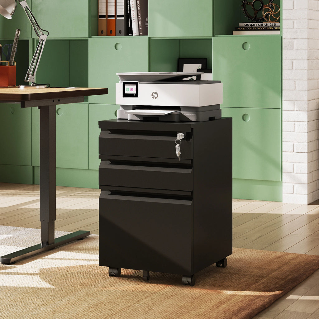 3 Drawer Mobile File Cabinet with Lock, Required Assembly Under Desk Metal Filing Cabinet for Home Office, Fits Legal/Letter/A4 Size, Black