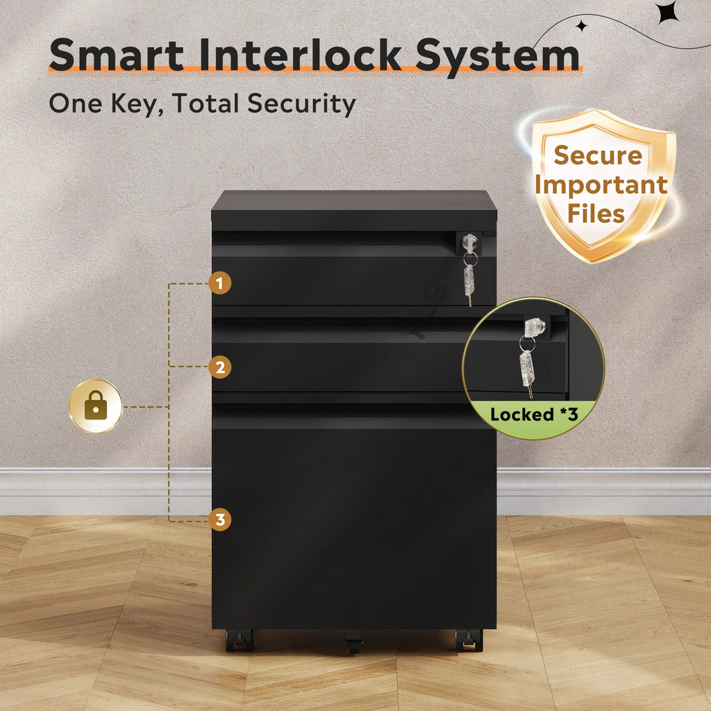 3 Drawer Mobile File Cabinet with Lock, Required Assembly Under Desk Metal Filing Cabinet for Home Office, Fits Legal/Letter/A4 Size, Black