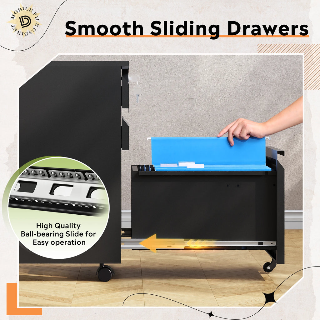 3 Drawer Mobile File Cabinet with Lock, Required Assembly Under Desk Metal Filing Cabinet for Home Office, Fits Legal/Letter/A4 Size, Black