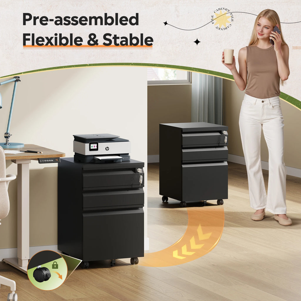 3 Drawer Mobile File Cabinet with Lock, Required Assembly Under Desk Metal Filing Cabinet for Home Office, Fits Legal/Letter/A4 Size, Black