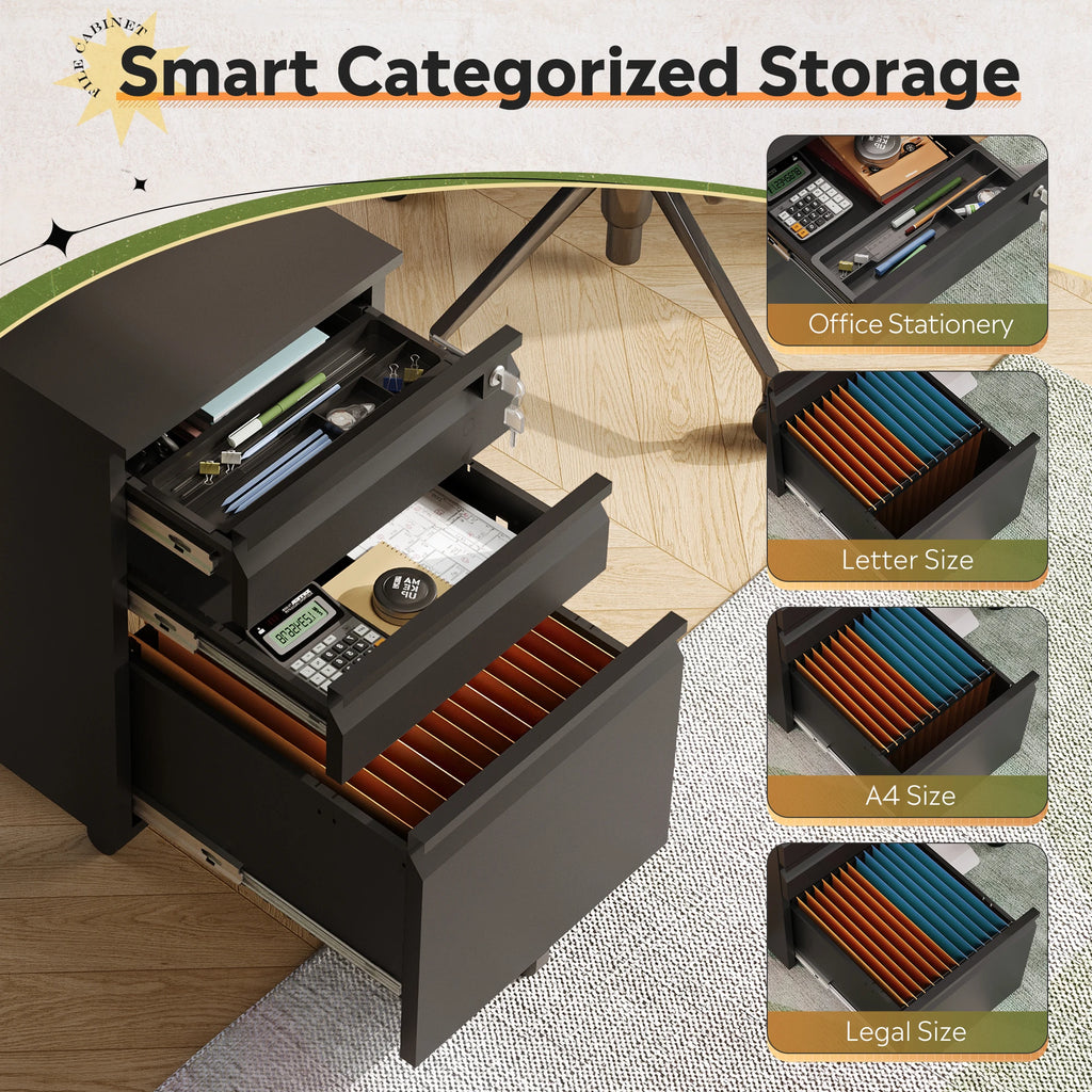 3 Drawer Mobile File Cabinet with Lock, Required Assembly Under Desk Metal Filing Cabinet for Home Office, Fits Legal/Letter/A4 Size, Black