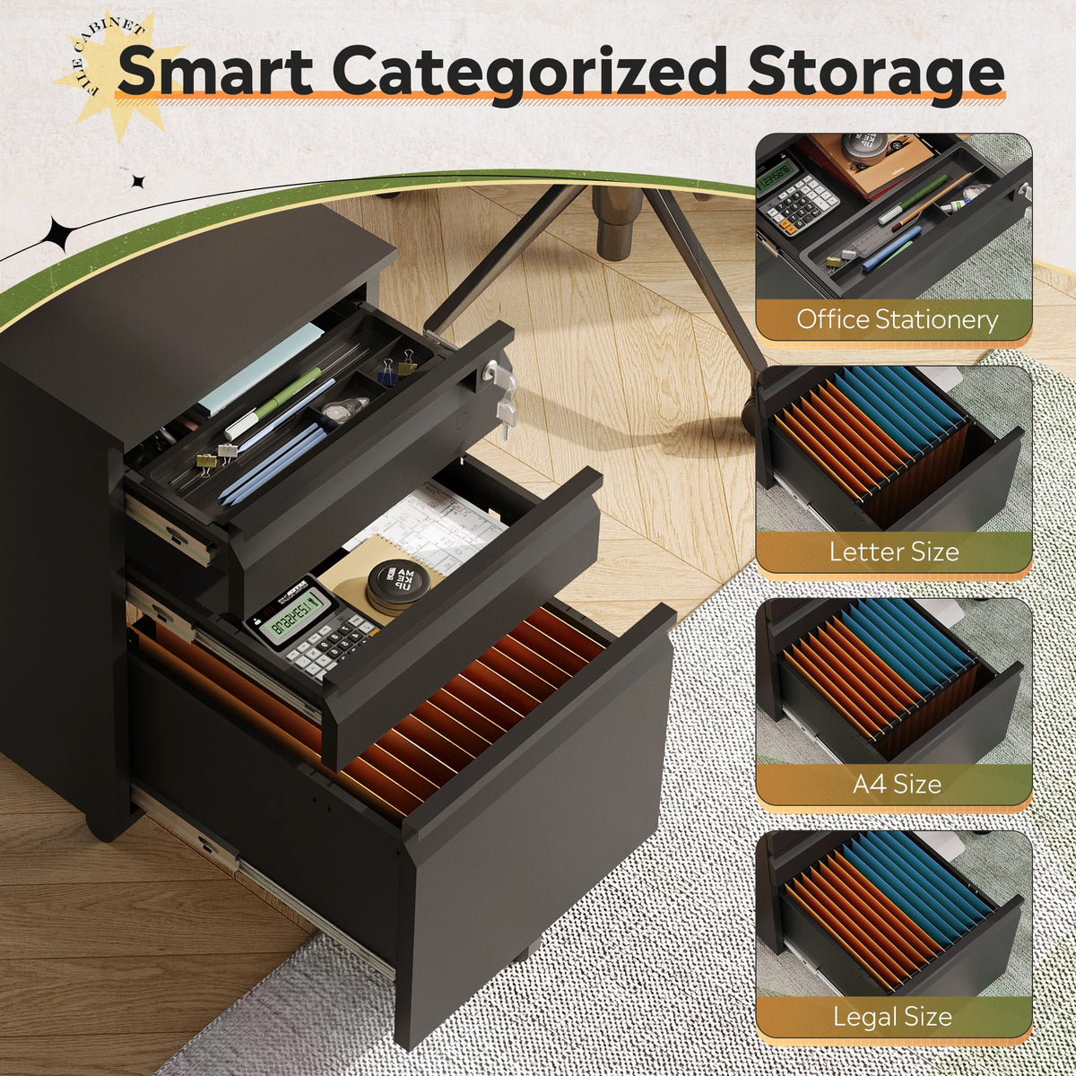 3 Drawer Mobile File Cabinet with Lock, Required Assembly Under Desk Metal Filing Cabinet for Home Office, Fits Legal/Letter/A4 Size, Black