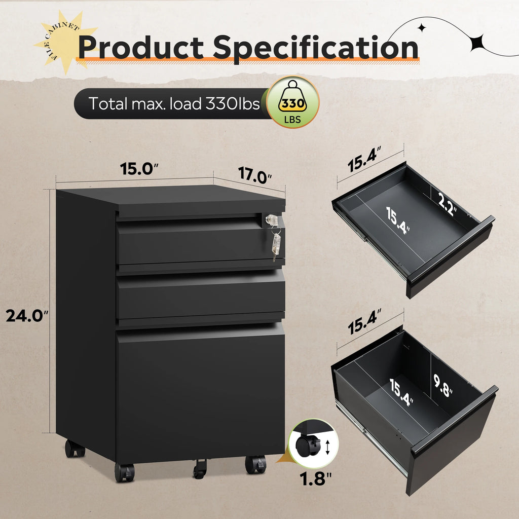 3 Drawer Mobile File Cabinet with Lock, Required Assembly Under Desk Metal Filing Cabinet for Home Office, Fits Legal/Letter/A4 Size, Black