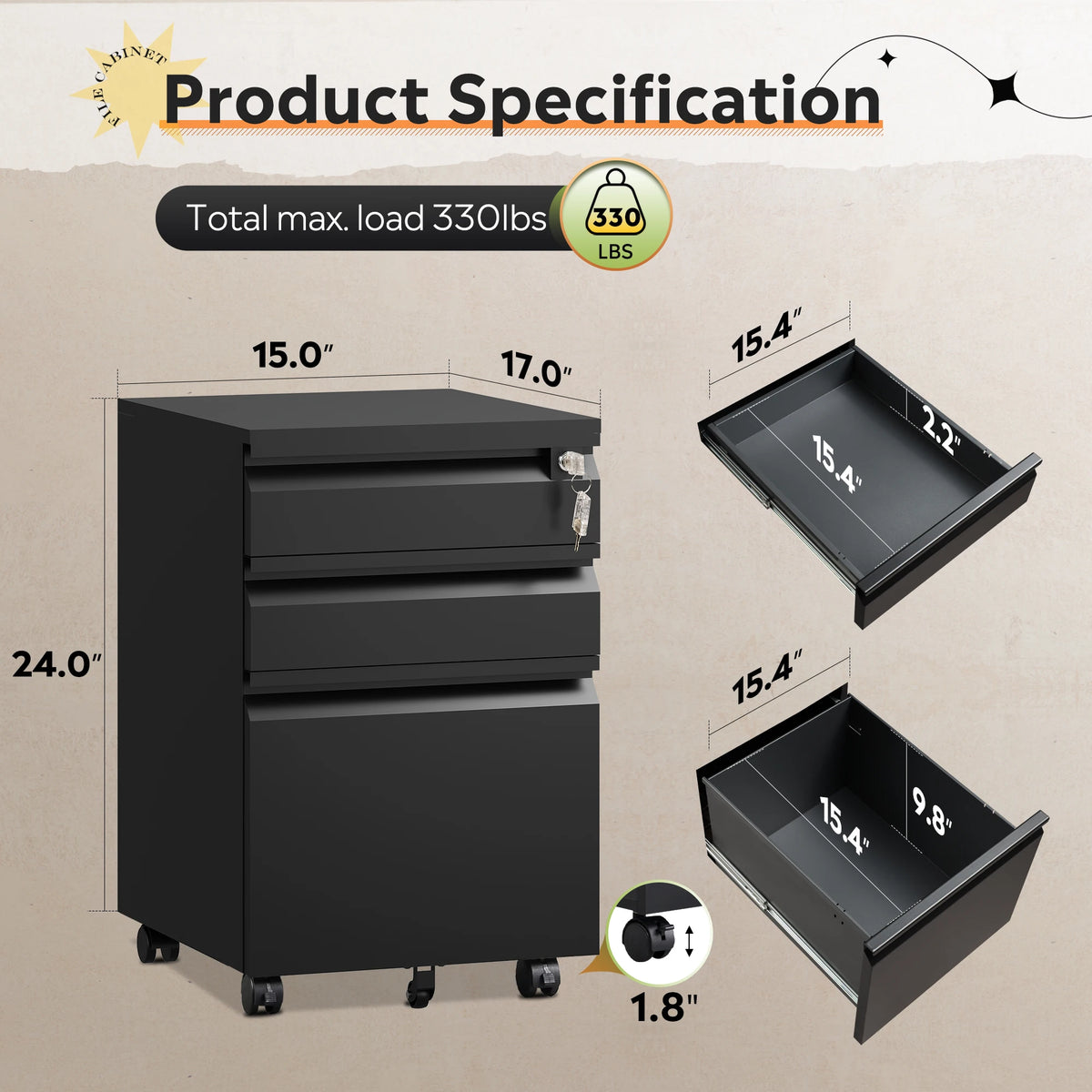 3 Drawer Mobile File Cabinet with Lock, Required Assembly Under Desk Metal Filing Cabinet for Home Office, Fits Legal/Letter/A4 Size, Black