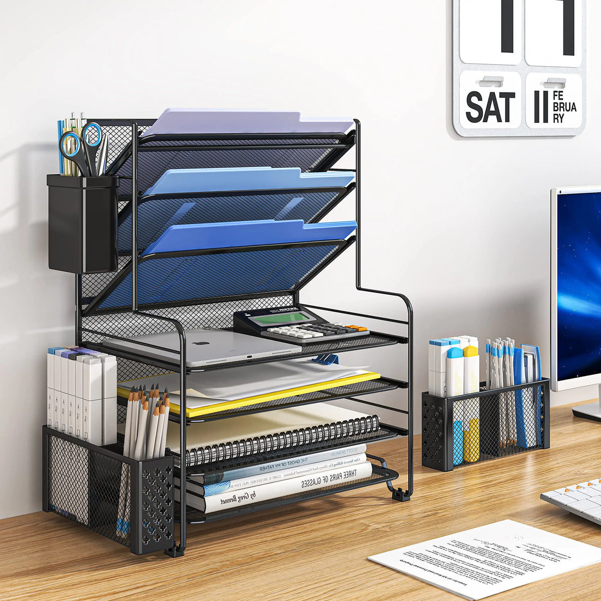 Office desk storage, table and drawer storage, 7-layer desktop filing rack, letter tray and paper organizer with pen holder and metal hanging basket, desktop filing rack, metal document rack with adjustable shelves, with draw