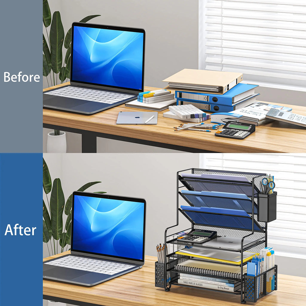 Office desk storage, table and drawer storage, 7-layer desktop filing rack, letter tray and paper organizer with pen holder and metal hanging basket, desktop filing rack, metal document rack with adjustable shelves, with draw