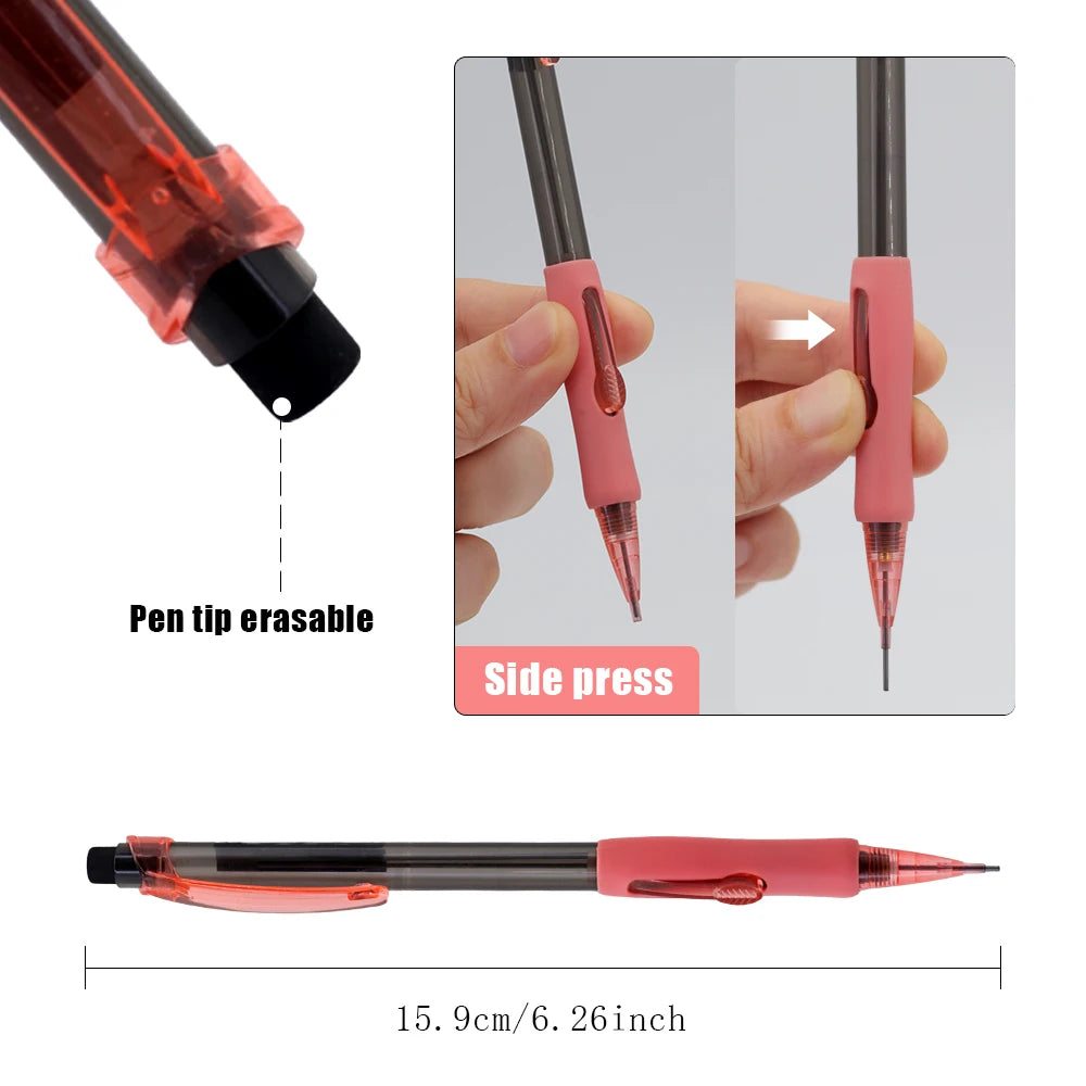 New 0.5 0.7 0.9mm Side Press Mechanical Pencils Set with 2box Lead,  Automatic Pencil Built-in Erase For Office Supplies