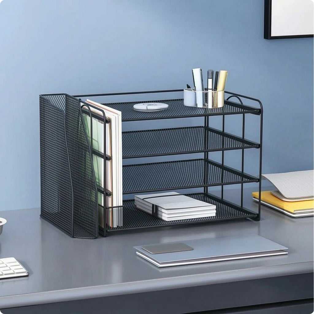 Mesh Desk Organizer with File Slot 4-Tier Desktop Organizer Rack Paper Letter Holder Open Design for Professionals, Office