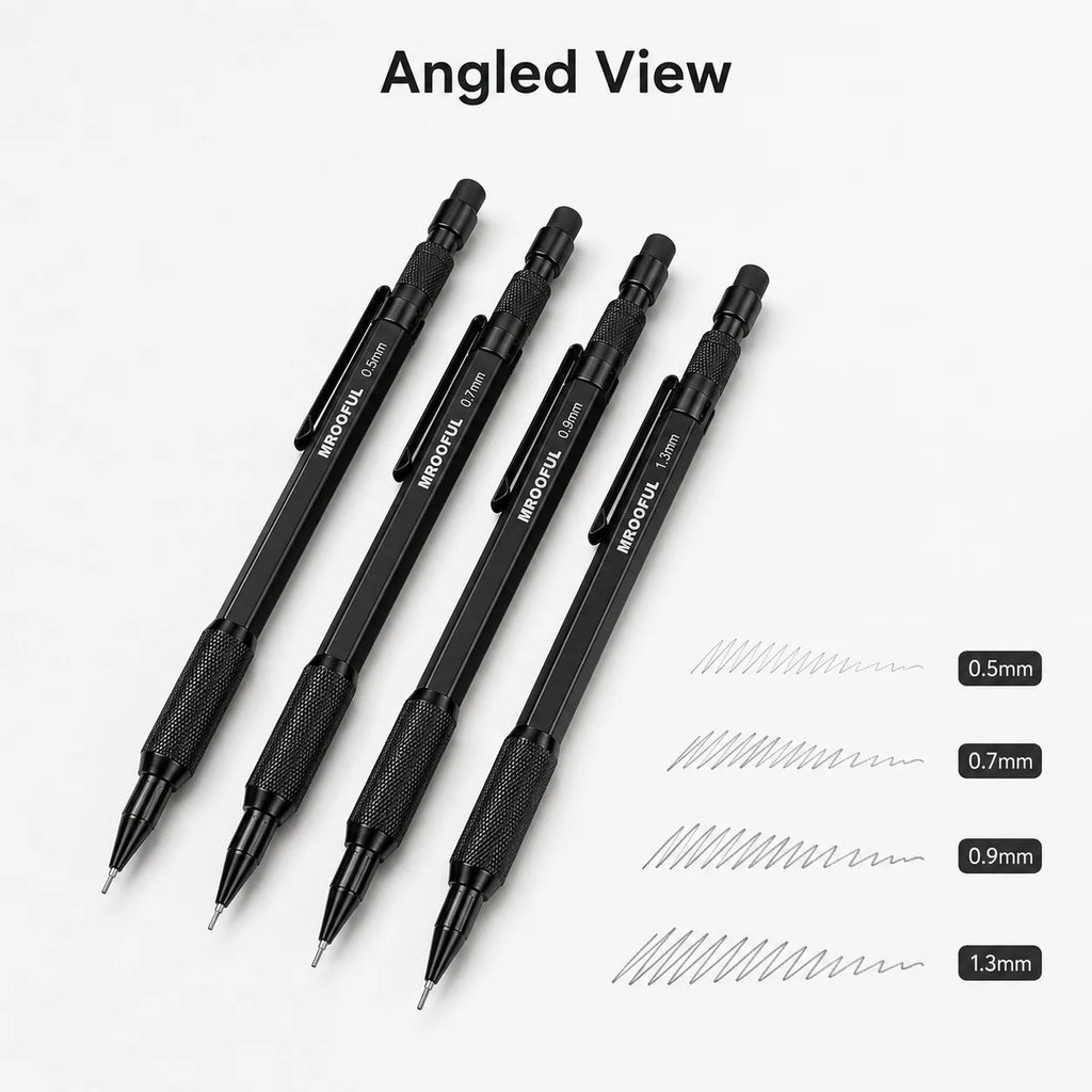 0.5/0.7/0.9/1.3mm Black Mechanical Pencil Set Full Metal Art Drawing Painting Automatic Pencil with Leads Office School Supply