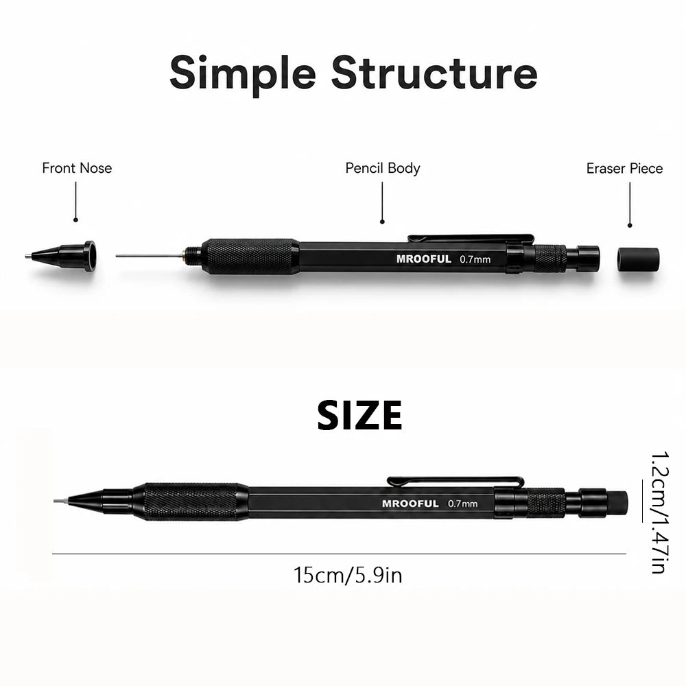 0.5/0.7/0.9/1.3mm Black Mechanical Pencil Set Full Metal Art Drawing Painting Automatic Pencil with Leads Office School Supply