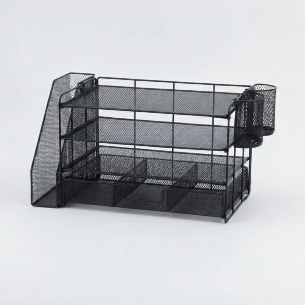 Mesh Desk Organizer with File Slot 4-Tier Desktop Organizer Rack Paper Letter Holder Open Design for Professionals, Office