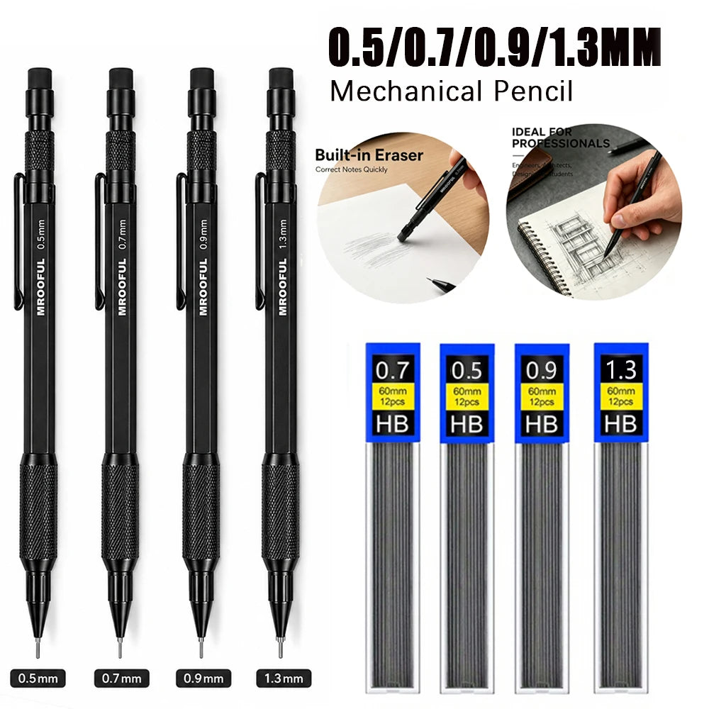 0.5/0.7/0.9/1.3mm Black Mechanical Pencil Set Full Metal Art Drawing Painting Automatic Pencil with Leads Office School Supply