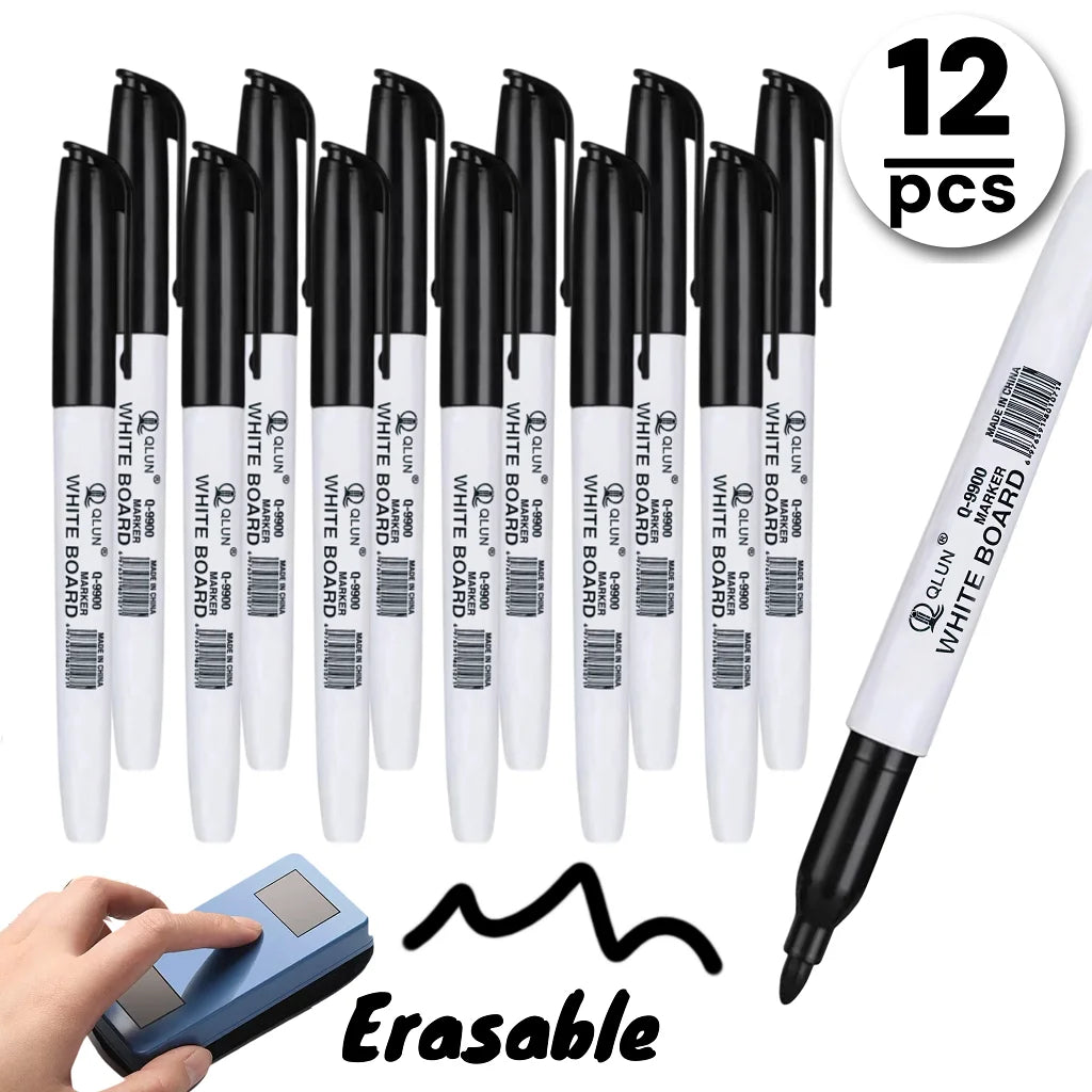 Erasable Black Whiteboard Markers 12 Pcs, Dry Erase Pens for Office School Teaching, Back to School Stationery