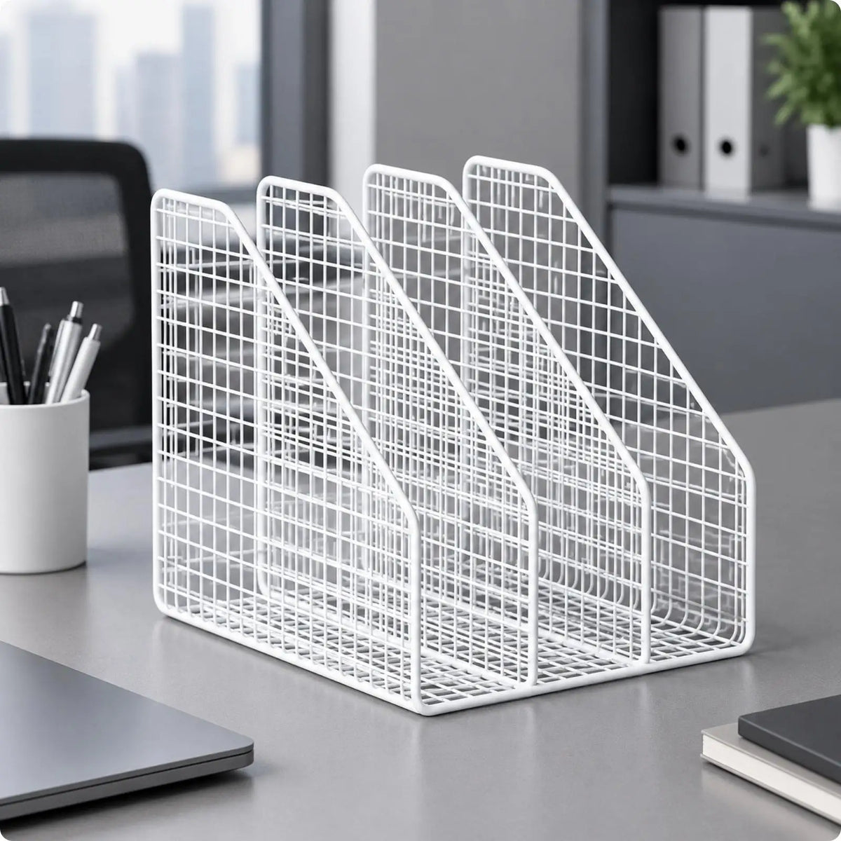Space Saving Iron Office File Rack with 3 Vertical Slots Mesh Desktop Organizer for Folder Book Document