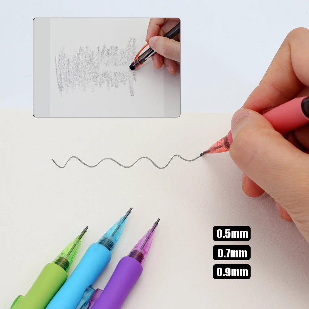 New 0.5 0.7 0.9mm Side Press Mechanical Pencils Set with 2box Lead,  Automatic Pencil Built-in Erase For Office Supplies