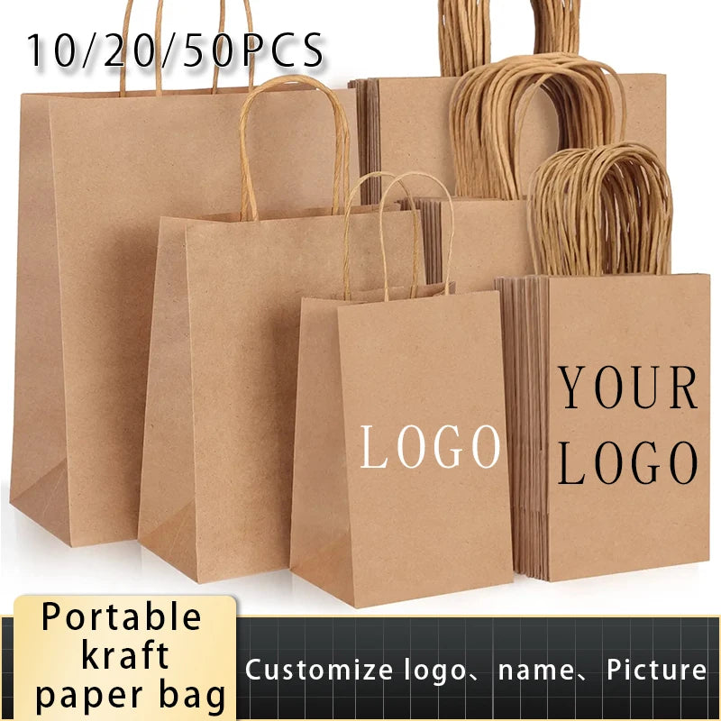 10/25/50 pcs kraft paper bags, portable gift paper bag with handles clothes food coffe Takeout packaging bag customized logo