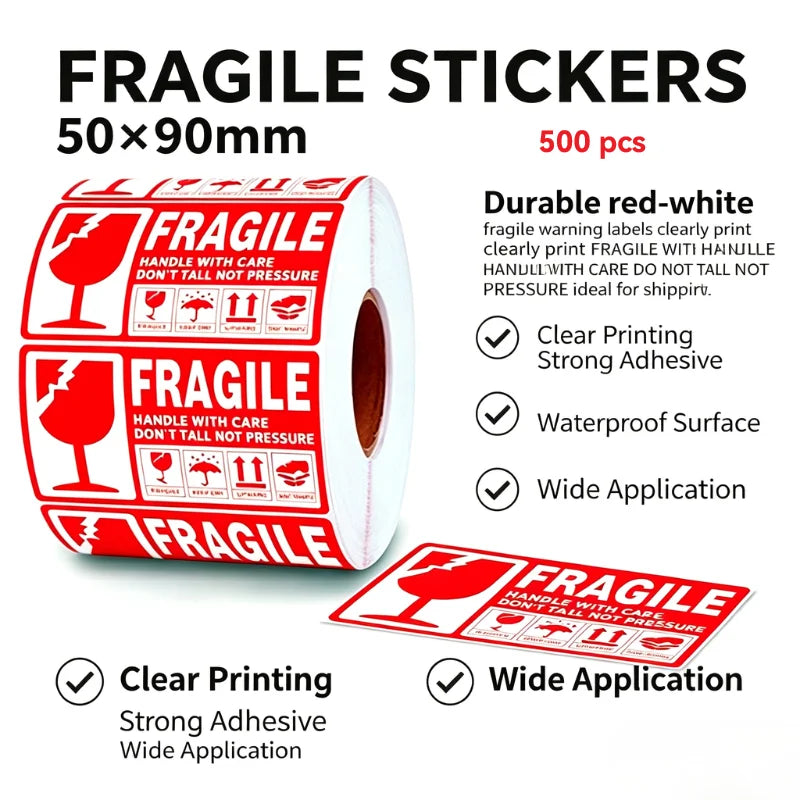 Fragile Warning Stickers Roll 50×90mm Self Adhesive Red White Shipping Labels Glass Symbol Handle With Care Sticker For Courier