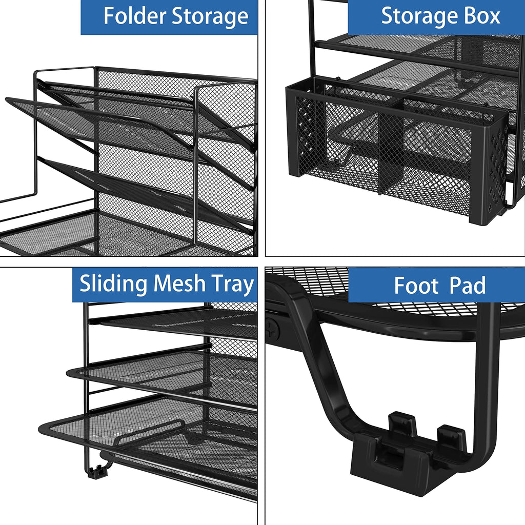 Office desk storage, table and drawer storage, 7-layer desktop filing rack, letter tray and paper organizer with pen holder and metal hanging basket, desktop filing rack, metal document rack with adjustable shelves, with draw