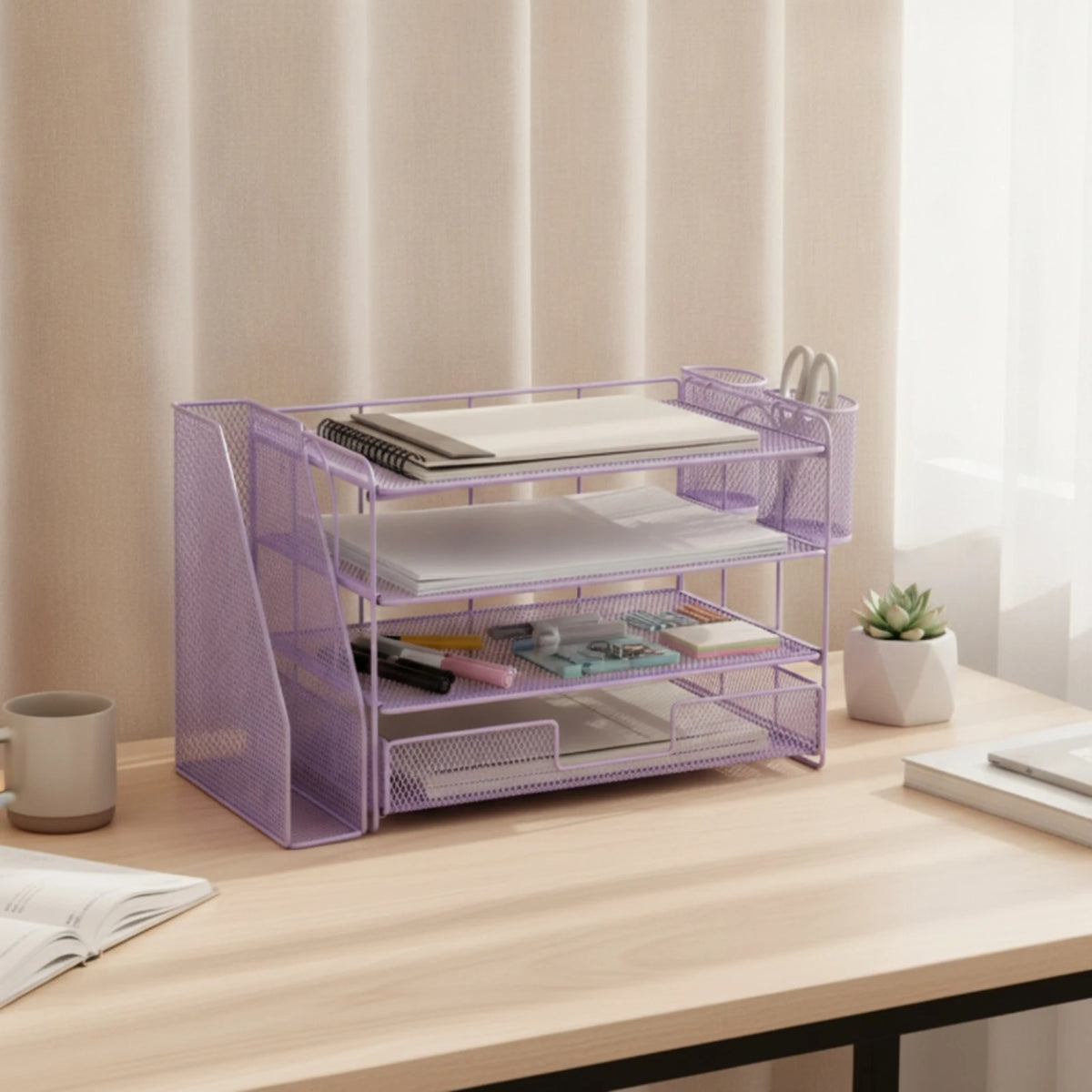 Mesh Desk Organizer with File Slot 4-Tier Desktop Organizer Rack Paper Letter Holder Open Design for Professionals, Office