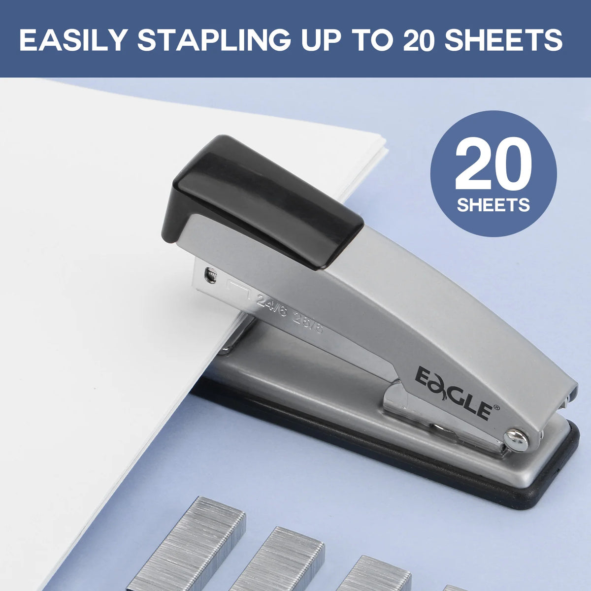 EAGLE Metal Stapler 20 Sheet Capacity Includes 1000 Staples for Temporary/Permanent Binding, Anti-Jam with Non-Skid Base