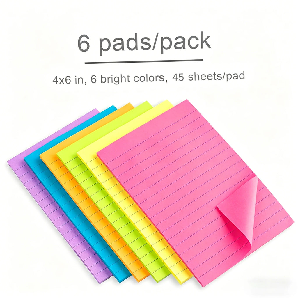Large Lined Fluorescent Sticky Notes, Self-Adhesive Memo Pads, Essential for Office, School, Study & Home Organization