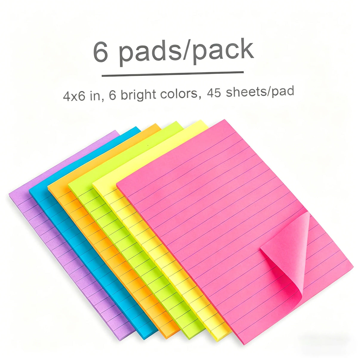 Large Lined Fluorescent Sticky Notes, Self-Adhesive Memo Pads, Essential for Office, School, Study & Home Organization