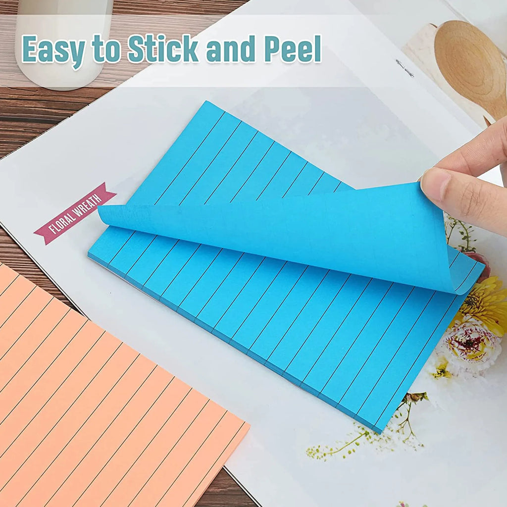 Large Lined Fluorescent Sticky Notes, Self-Adhesive Memo Pads, Essential for Office, School, Study & Home Organization