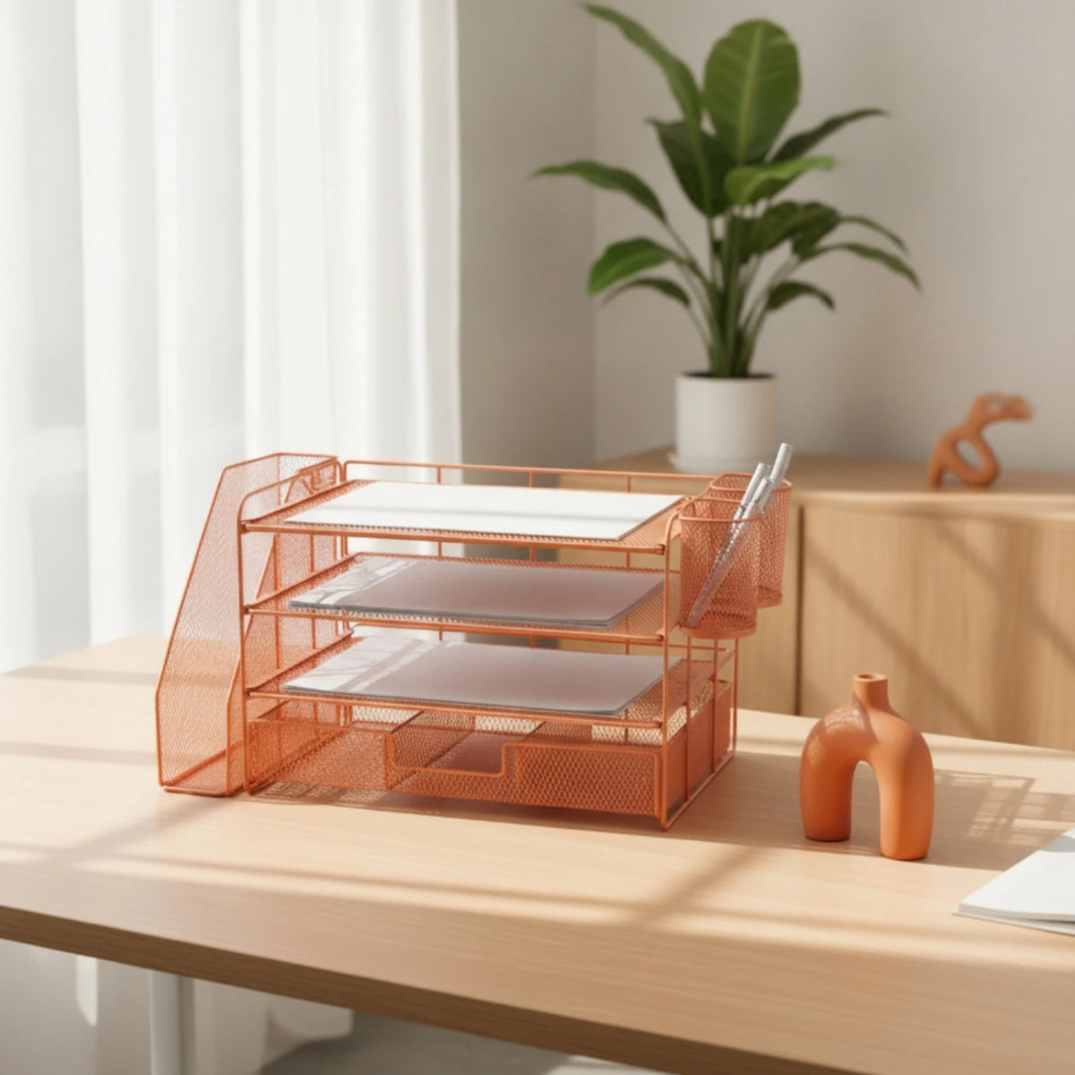 Mesh Desk Organizer with File Slot 4-Tier Desktop Organizer Rack Paper Letter Holder Open Design for Professionals, Office