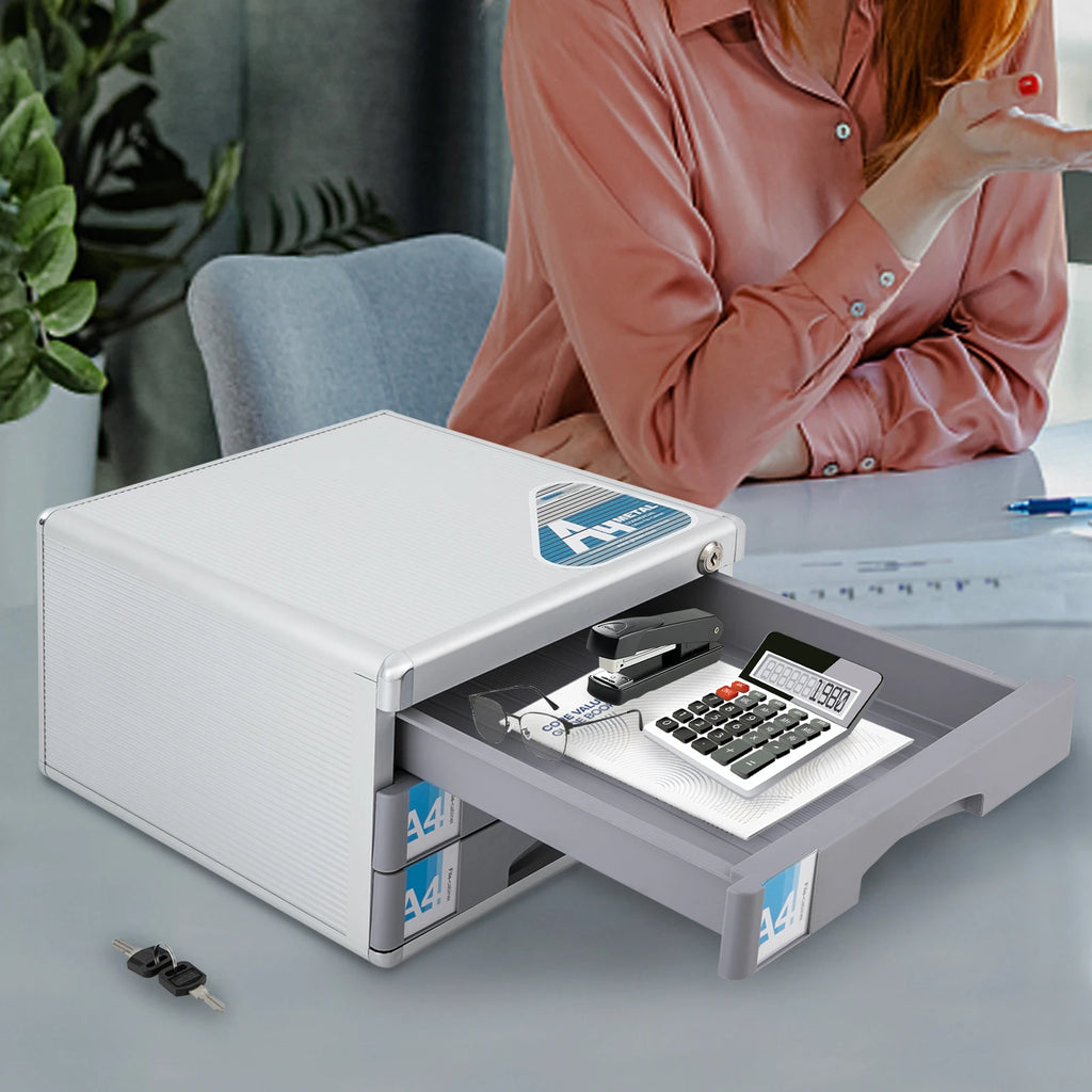 3-Tier Lockable Drawer File Cabinet, Aluminum Alloy & Wood Grain Desktop Document Organizer, A4 Storage Drawer With Lock & 2 Keys For Office Home