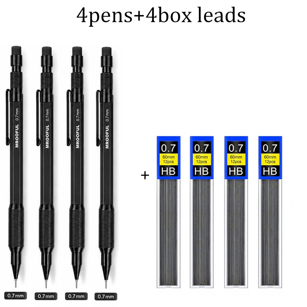 0.5/0.7/0.9/1.3mm Black Mechanical Pencil Set Full Metal Art Drawing Painting Automatic Pencil with Leads Office School Supply