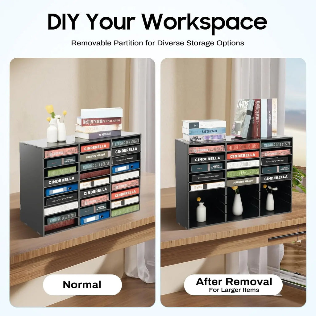 27 Compartments Adjustable Wooden Desktop File Sorter Black Literature Organizer Mail Document Holder for Office School Home Desk Storage