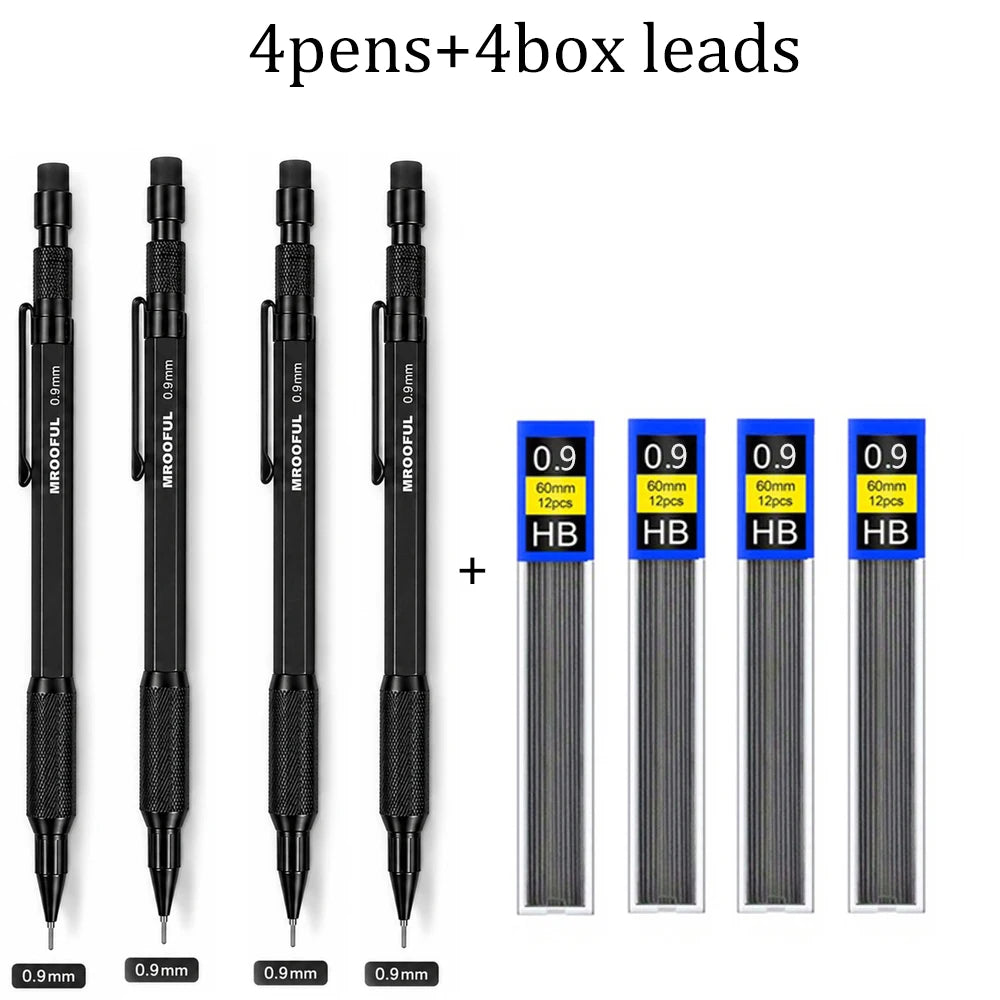 0.5/0.7/0.9/1.3mm Black Mechanical Pencil Set Full Metal Art Drawing Painting Automatic Pencil with Leads Office School Supply