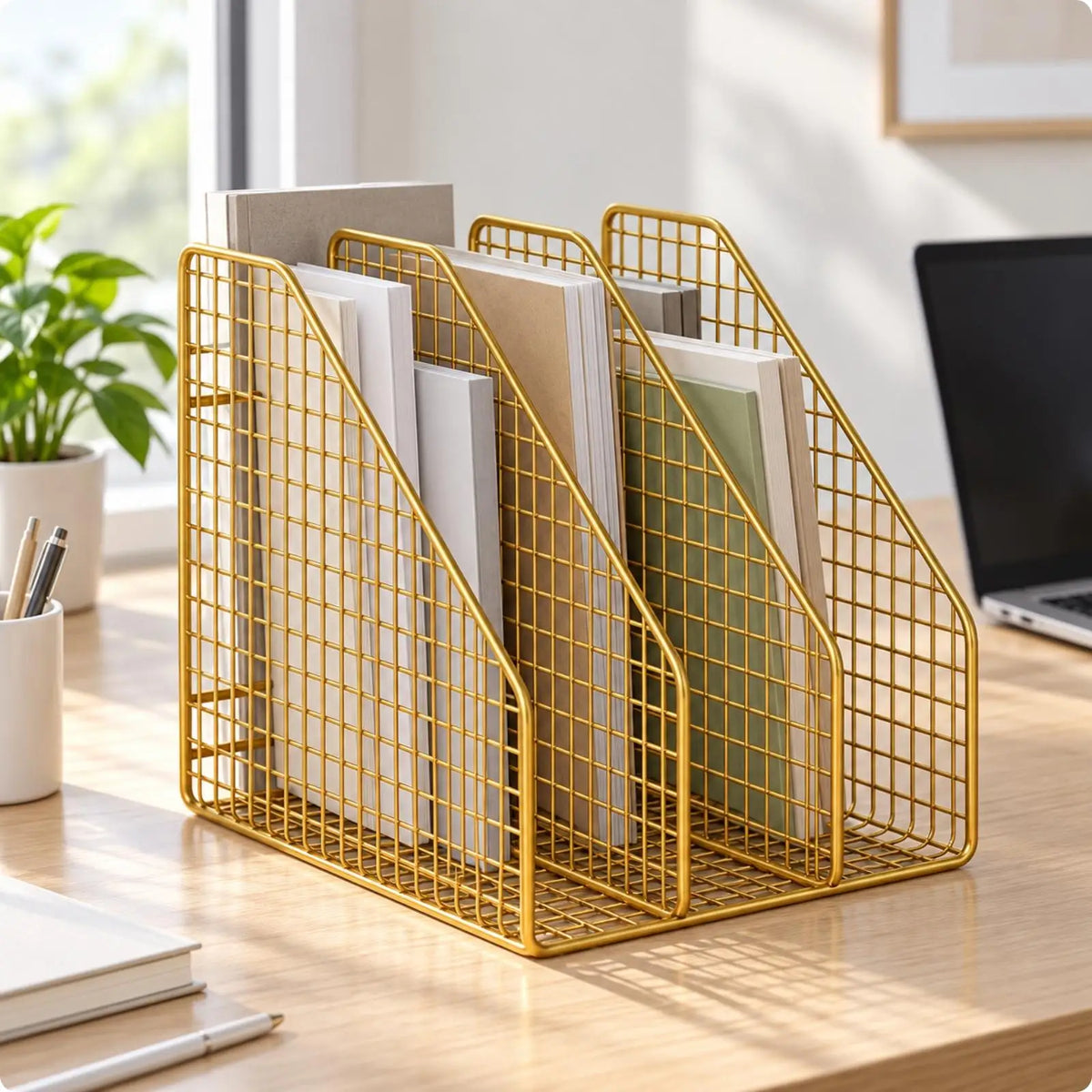 Space Saving Iron Office File Rack with 3 Vertical Slots Mesh Desktop Organizer for Folder Book Document