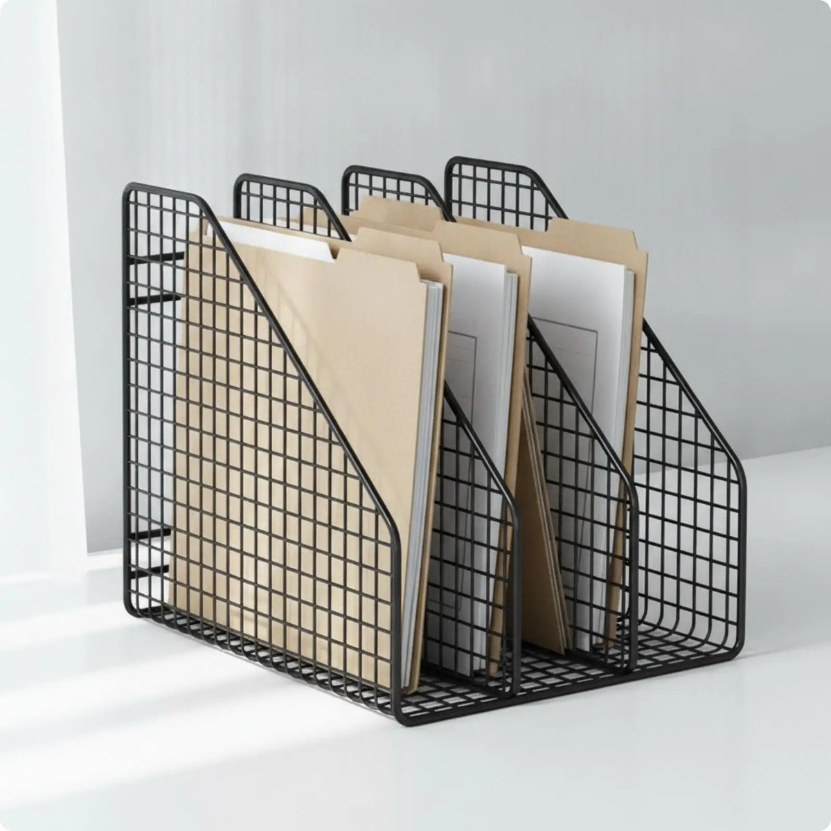 Space Saving Iron Office File Rack with 3 Vertical Slots Mesh Desktop Organizer for Folder Book Document