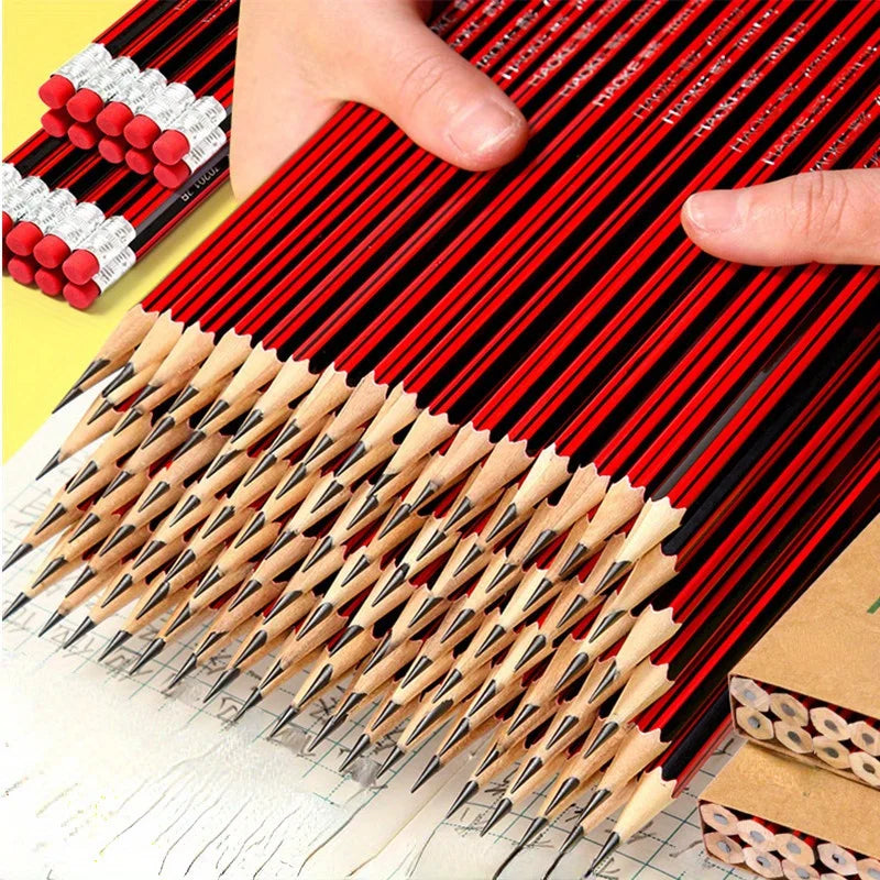 HB Wooden Pencils with Erasers -  Red & Black Barrels for Writing Drawing and Sketching - Ideal for Students and Office Supplies