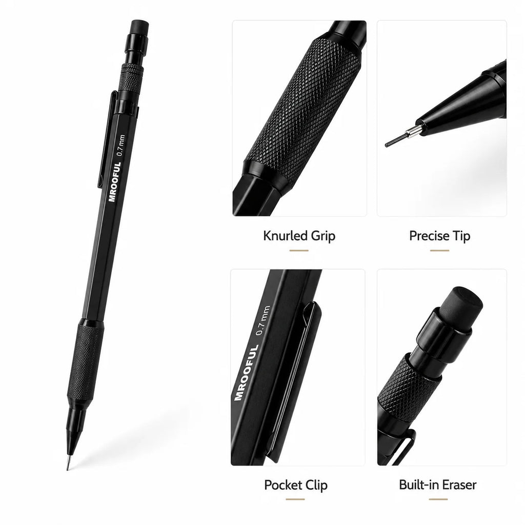 0.5/0.7/0.9/1.3mm Black Mechanical Pencil Set Full Metal Art Drawing Painting Automatic Pencil with Leads Office School Supply