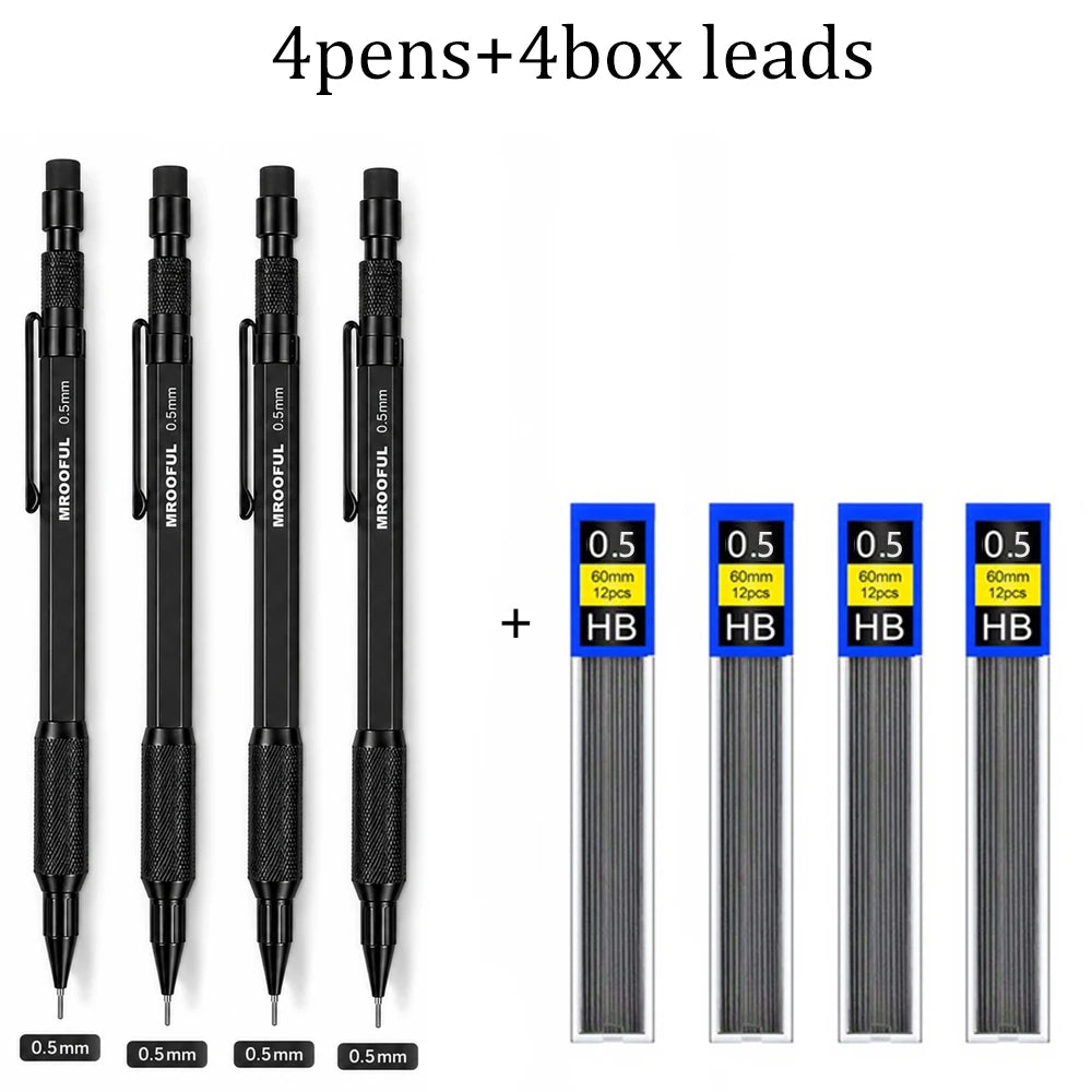 0.5/0.7/0.9/1.3mm Black Mechanical Pencil Set Full Metal Art Drawing Painting Automatic Pencil with Leads Office School Supply