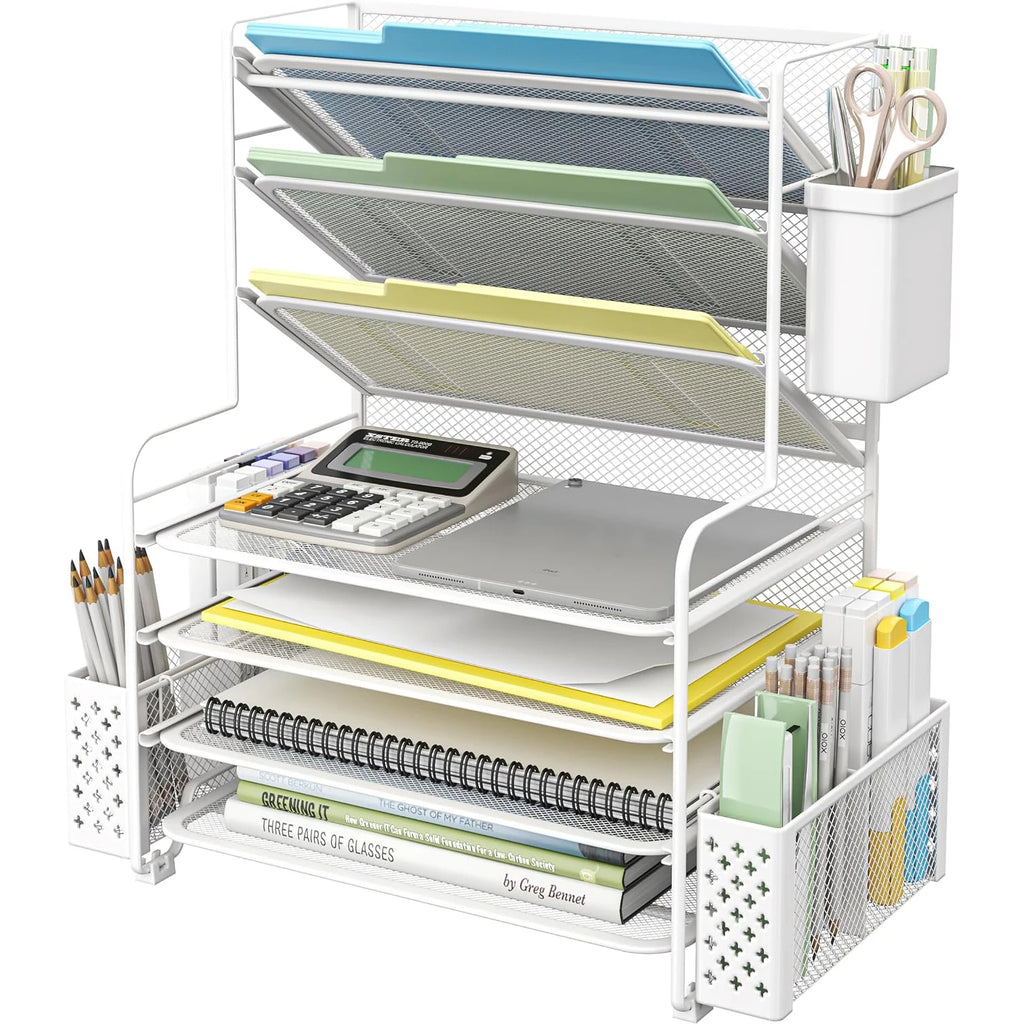 Office desk storage, table and drawer storage, 7-layer desktop filing rack, letter tray and paper organizer with pen holder and metal hanging basket, desktop filing rack, metal document rack with adjustable shelves, with draw