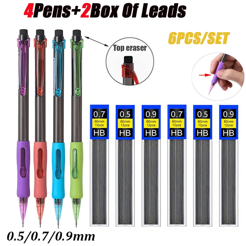 New 0.5 0.7 0.9mm Side Press Mechanical Pencils Set with 2box Lead,  Automatic Pencil Built-in Erase For Office Supplies