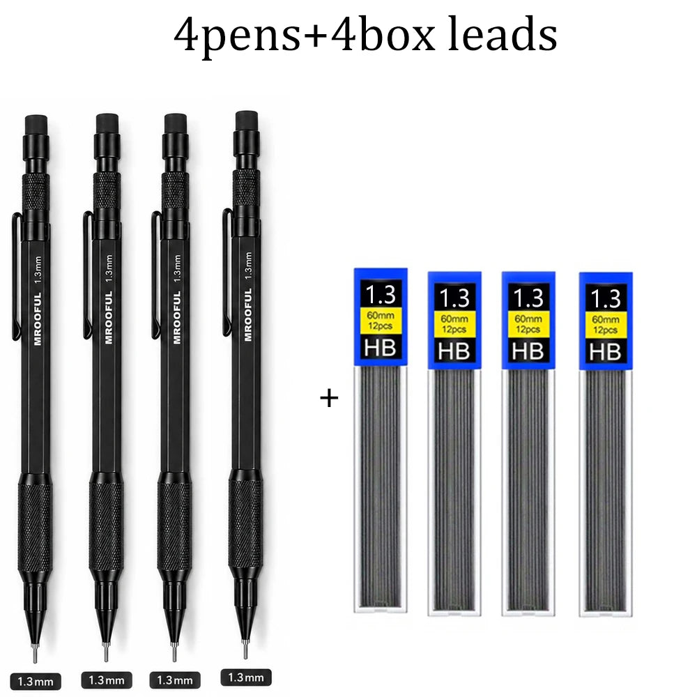 0.5/0.7/0.9/1.3mm Black Mechanical Pencil Set Full Metal Art Drawing Painting Automatic Pencil with Leads Office School Supply