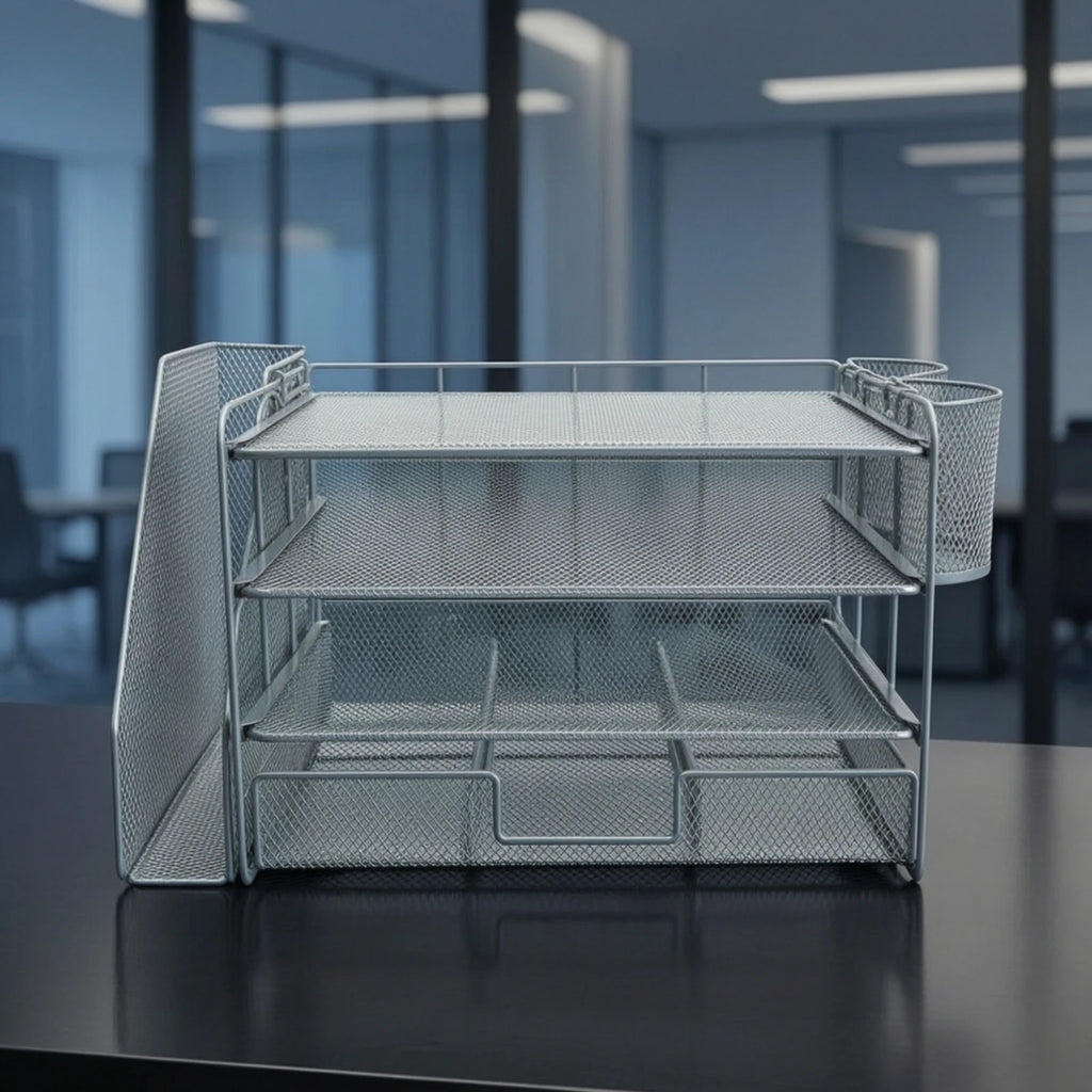 Mesh Desk Organizer with File Slot 4-Tier Desktop Organizer Rack Paper Letter Holder Open Design for Professionals, Office