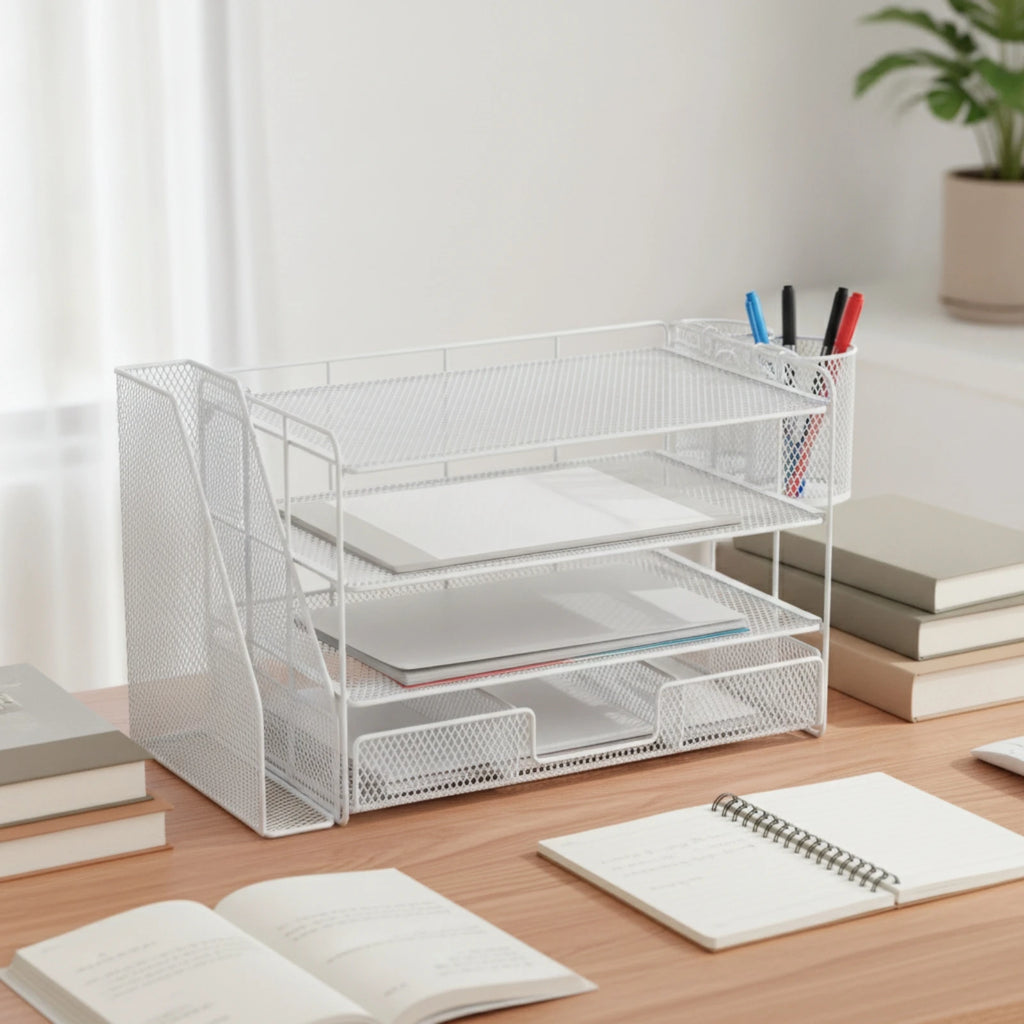 Mesh Desk Organizer with File Slot 4-Tier Desktop Organizer Rack Paper Letter Holder Open Design for Professionals, Office