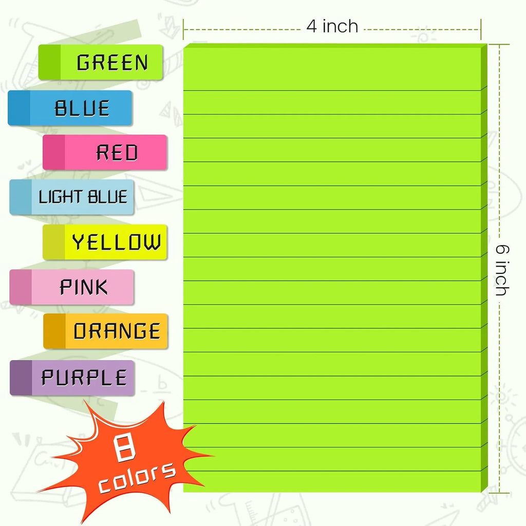 Large Lined Fluorescent Sticky Notes, Self-Adhesive Memo Pads, Essential for Office, School, Study & Home Organization