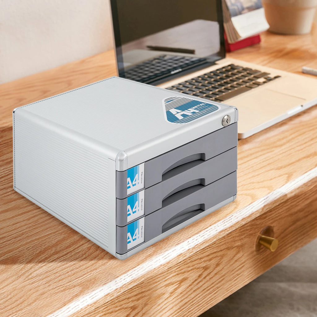 3-Tier Lockable Drawer File Cabinet, Aluminum Alloy & Wood Grain Desktop Document Organizer, A4 Storage Drawer With Lock & 2 Keys For Office Home