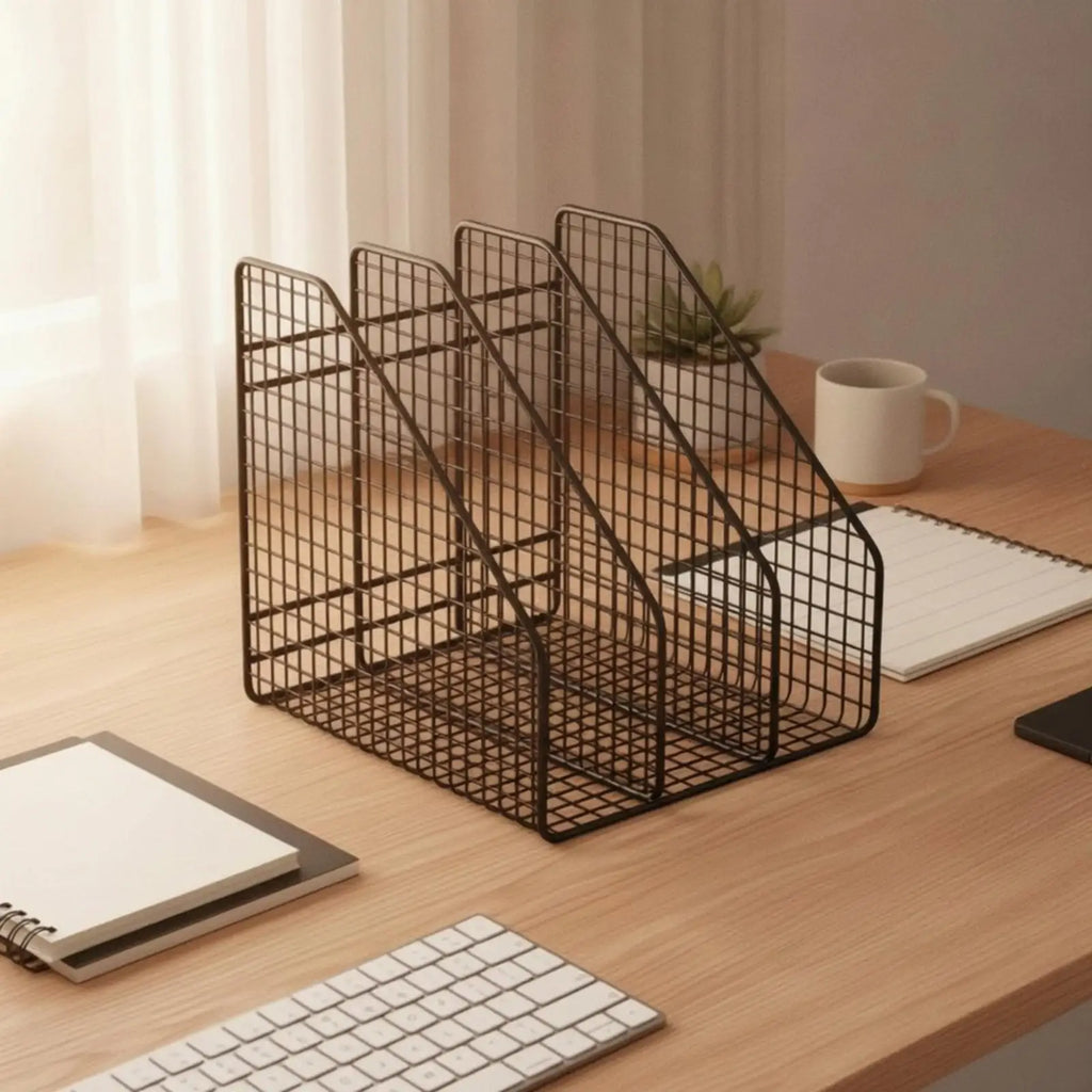 Space Saving Iron Office File Rack with 3 Vertical Slots Mesh Desktop Organizer for Folder Book Document