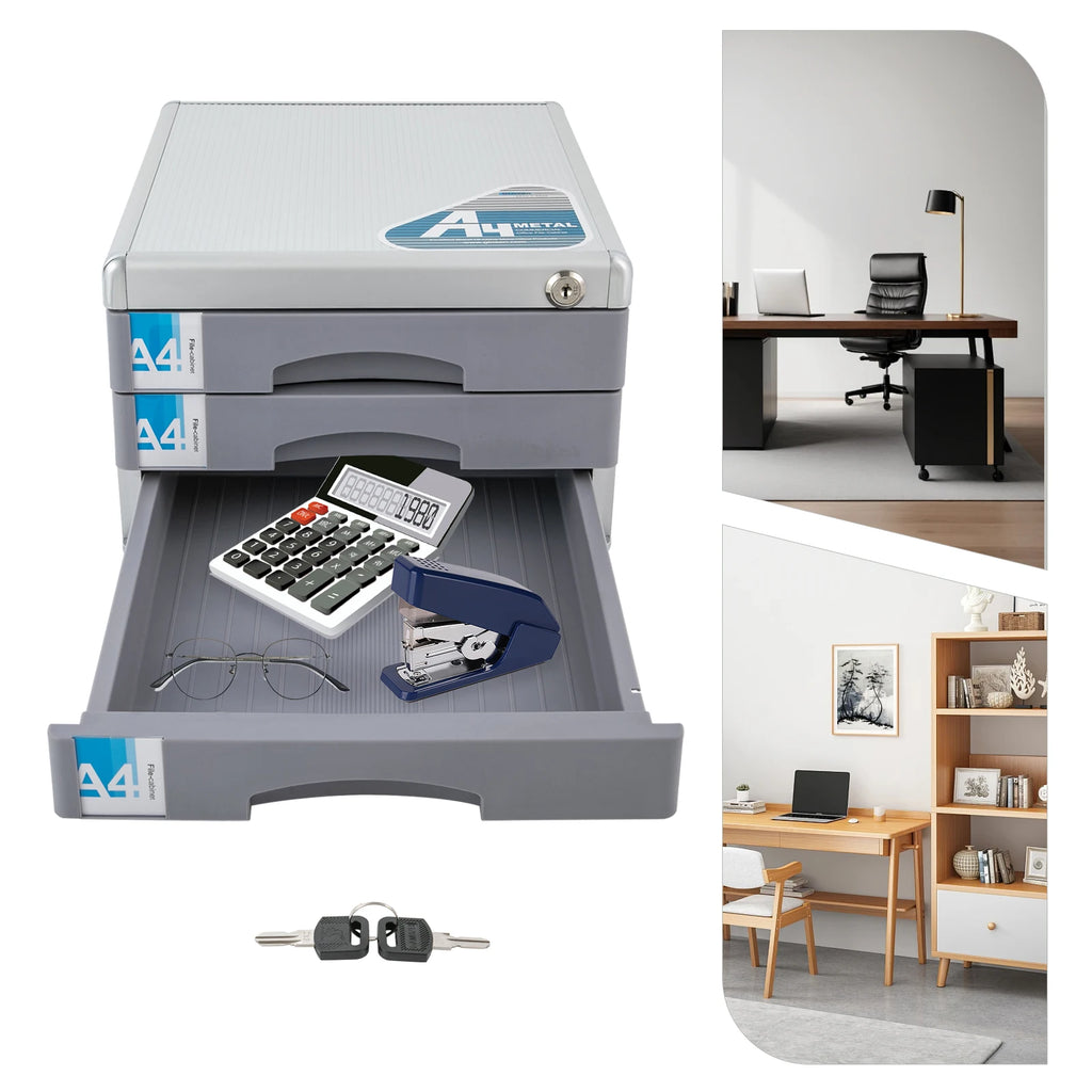 3-Tier Lockable Drawer File Cabinet, Aluminum Alloy & Wood Grain Desktop Document Organizer, A4 Storage Drawer With Lock & 2 Keys For Office Home
