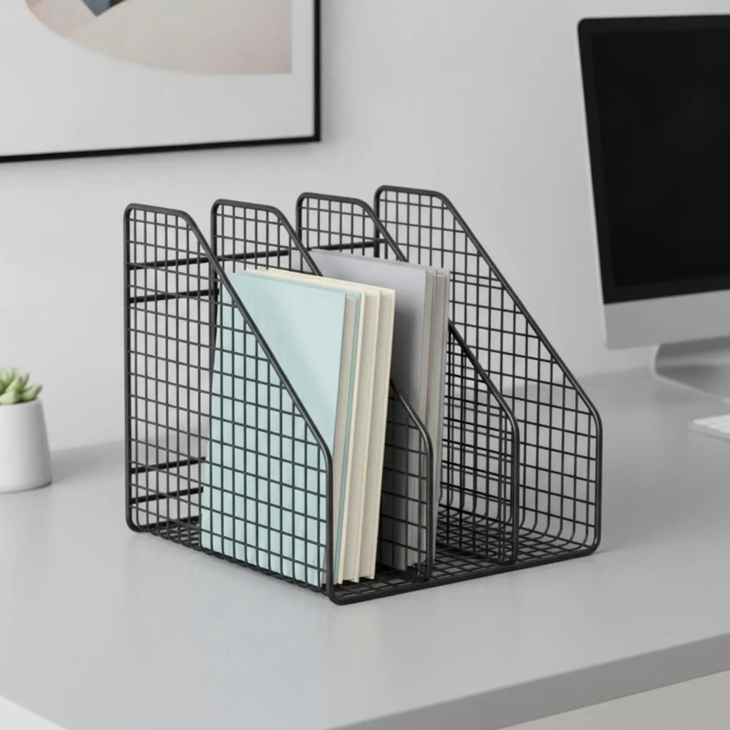 Space Saving Iron Office File Rack with 3 Vertical Slots Mesh Desktop Organizer for Folder Book Document