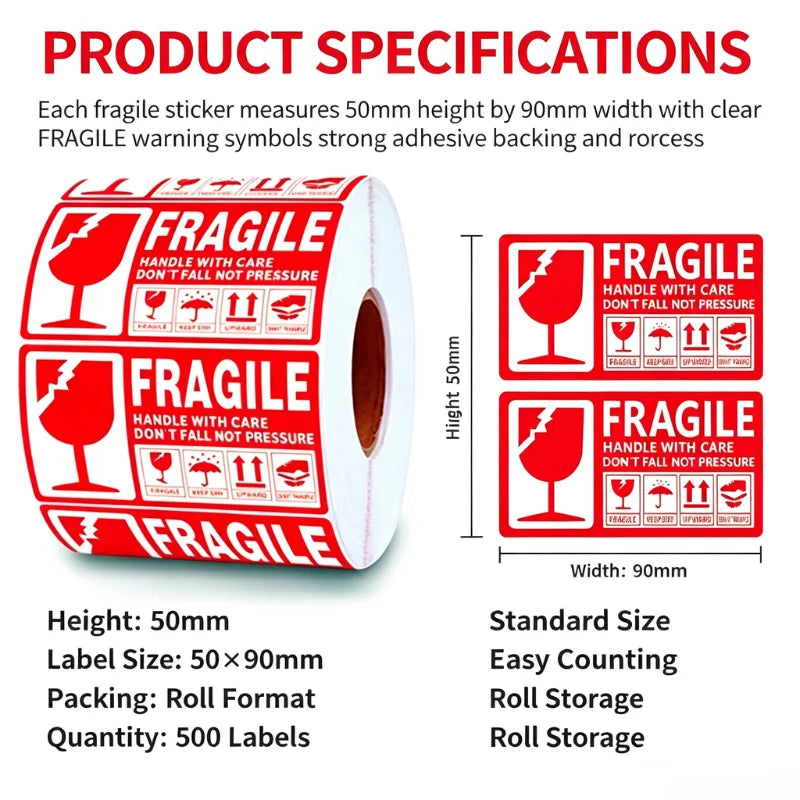Fragile Warning Stickers Roll 50×90mm Self Adhesive Red White Shipping Labels Glass Symbol Handle With Care Sticker For Courier