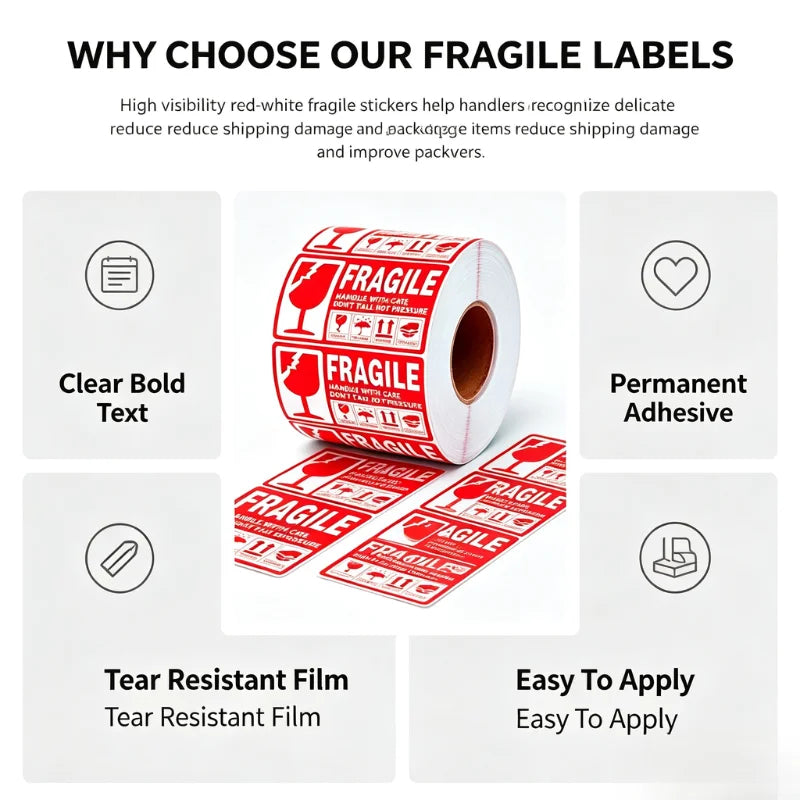 Fragile Warning Stickers Roll 50×90mm Self Adhesive Red White Shipping Labels Glass Symbol Handle With Care Sticker For Courier