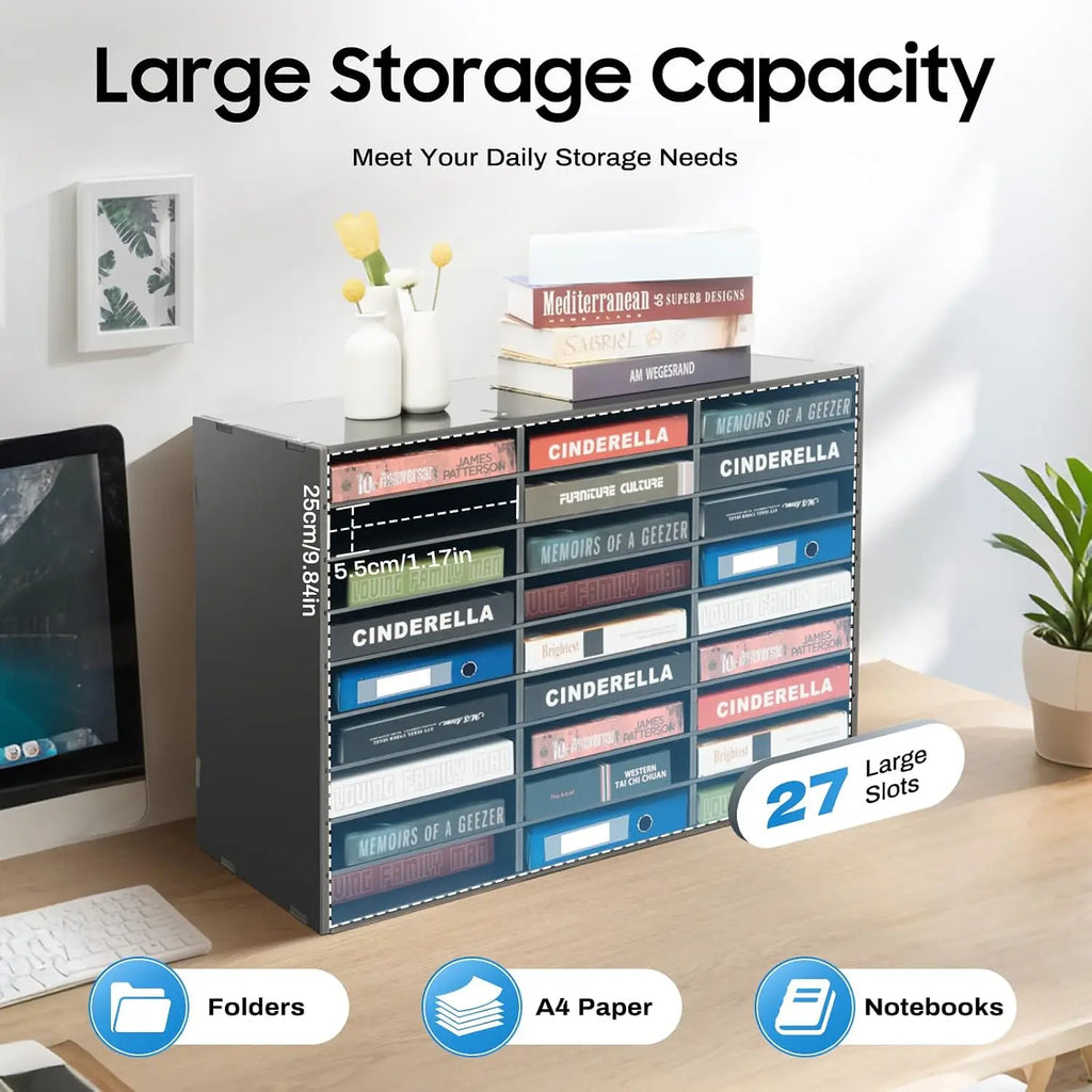 27 Compartments Adjustable Wooden Desktop File Sorter Black Literature Organizer Mail Document Holder for Office School Home Desk Storage